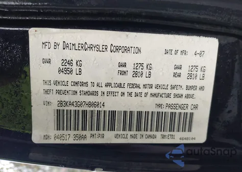 2007 Dodge Charger z USA, uszkodzony, nr VIN 2B3KA43G07H806014
